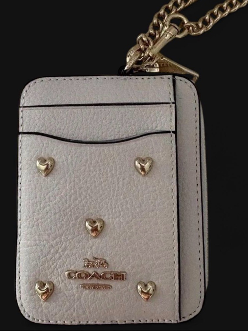 Coach Cream Leather Card Case with Gold Heart Studs